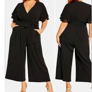 City Chic Black Ruffle Sleeve wide leg jumpsuit